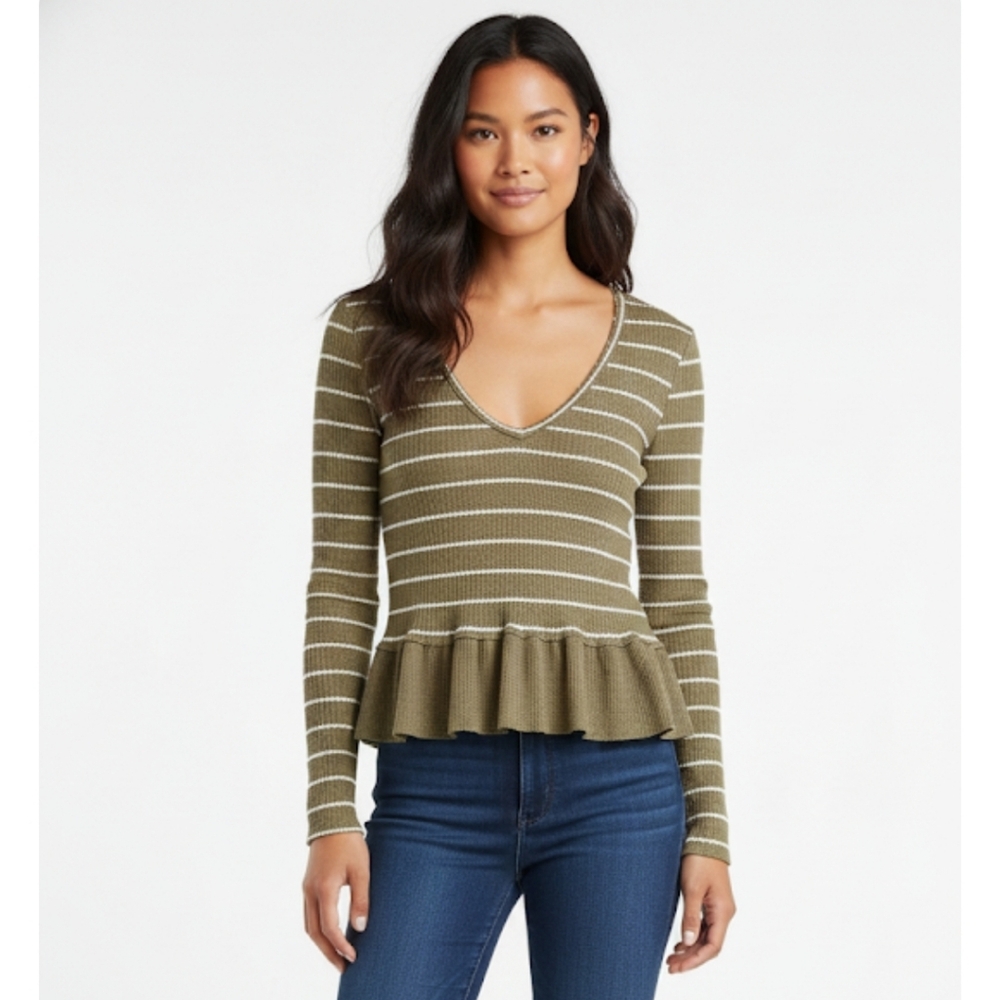anthropologie Eri & Ali Striped Tallie Peplum green vneck top size L